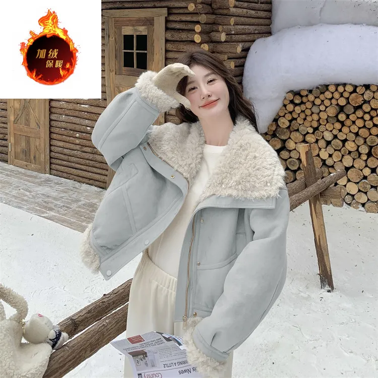 2025冬季新款韩版翻领麂皮绒皮毛一体百搭休闲加厚保暖短外套女装