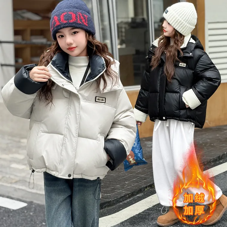 女童棉服外套中大童冬季加厚免洗龟背面包服儿童连帽棉袄短款宽松