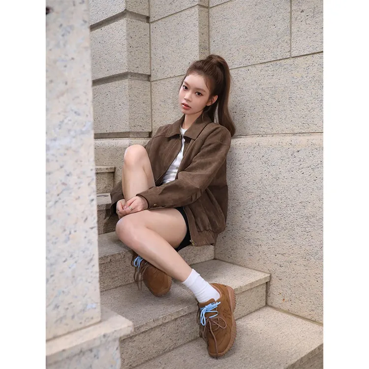 2025小个子美式街头时尚洋气长袖夹克外套上衣高腰修身短裤套装女