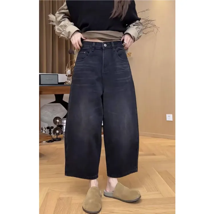 艾塔莉早秋阔腿裤高腰水洗九分裤常规牛仔裤裤子休闲风宽松百搭女