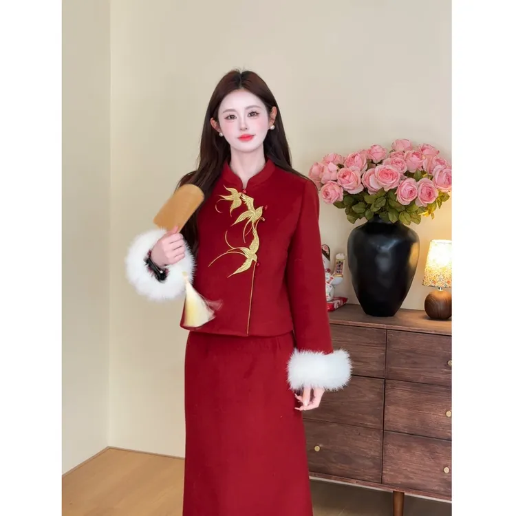 【凤舞九天】<77>新中式撞色刺绣毛呢羽绒外套+半裙套装XMZH10586