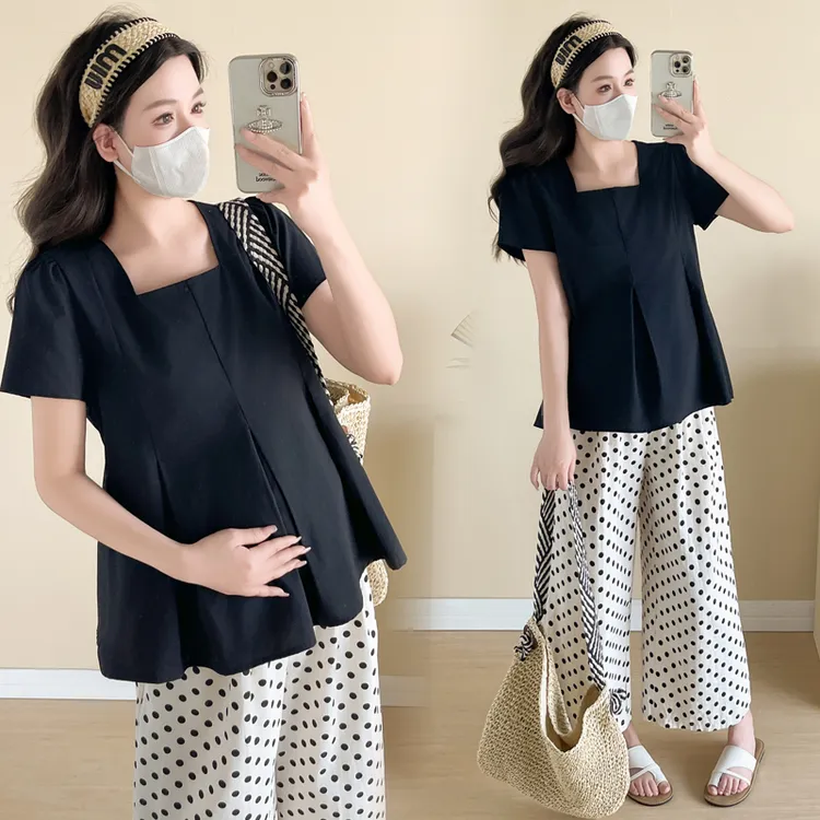孕妇套装夏装新款慵懒风气质简约短袖上衣+高腰波点阔腿裤两件套