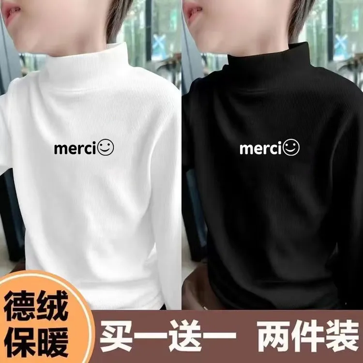 儿童德绒长袖打底衫保暖衫秋冬2025新款男女童半高领韩版印华上衣
