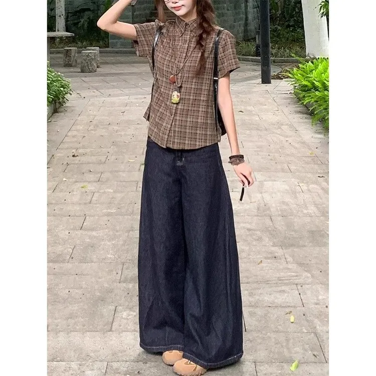 深蓝色阔腿牛仔裤女2025新款复古高腰宽松遮肉显瘦阔腿垂感直筒裤