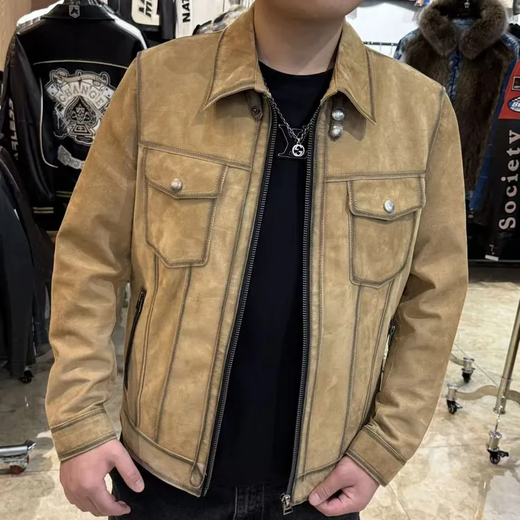 男士真皮山羊皮春秋单款夹克轻奢休闲正绒9906（做旧卡其色）现货