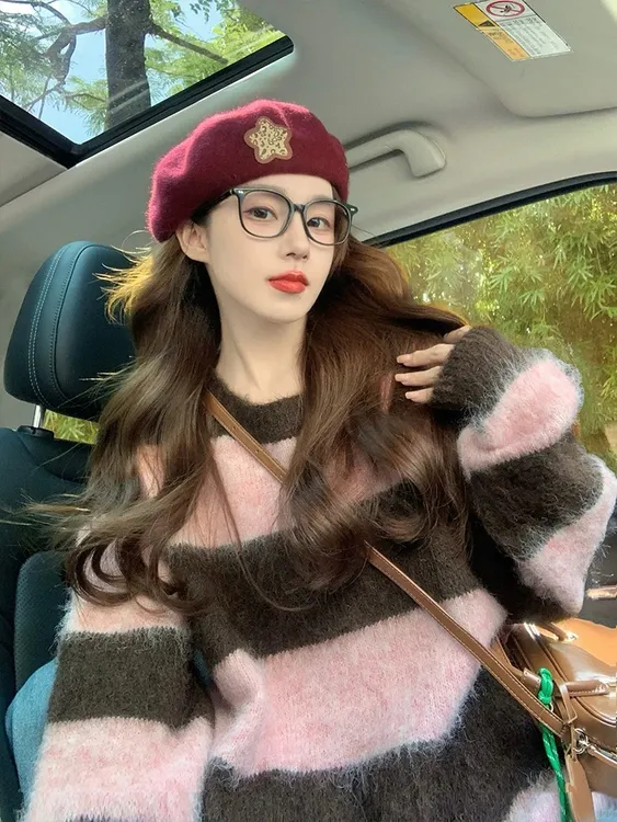 马海毛条纹套头毛衣女2025新款加厚秋冬季oversize复古减龄针织衫