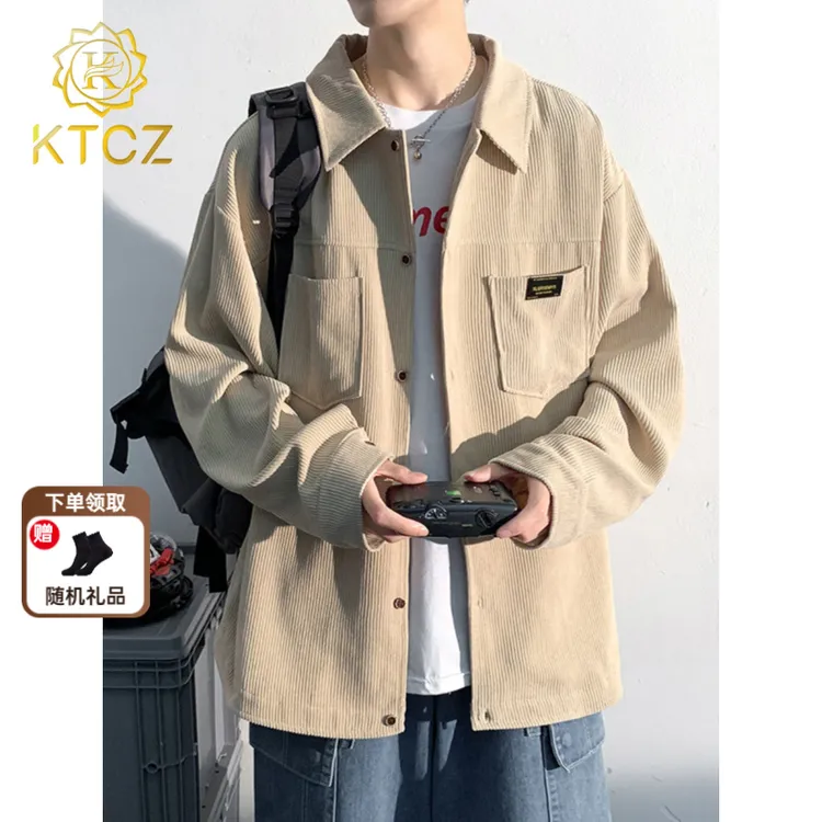 KTCZ灯芯绒长袖衬衫外套男秋季高街美式休闲翻领衬衣百搭工装夹克