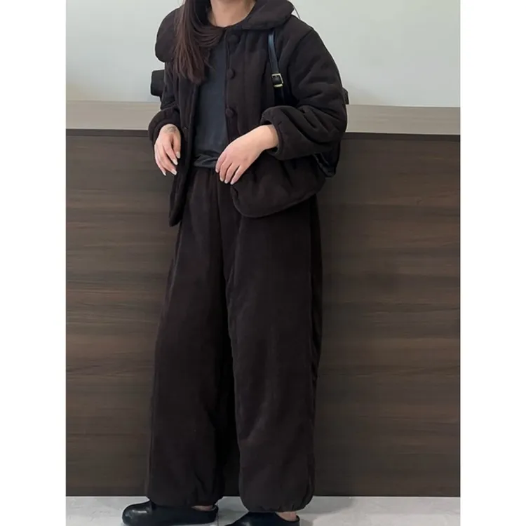 韩版简约夹棉睡衣女秋冬季新款复古加绒加厚保暖家居服套装可外穿