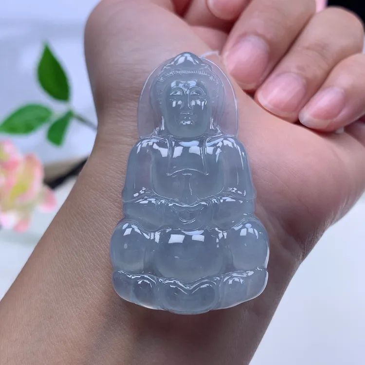 老坑老料缅甸天然翡翠A货冰种起胶紫底正装观音菩萨翡翠挂件男款