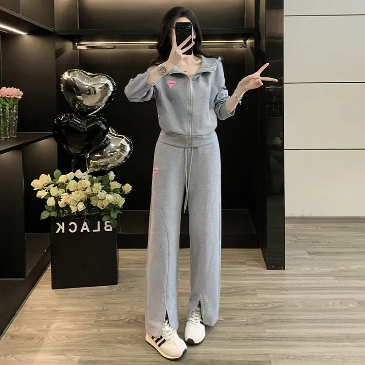 灰色休闲运动套装女2025新款爆款入秋穿搭一整套开衫卫衣两件套潮
