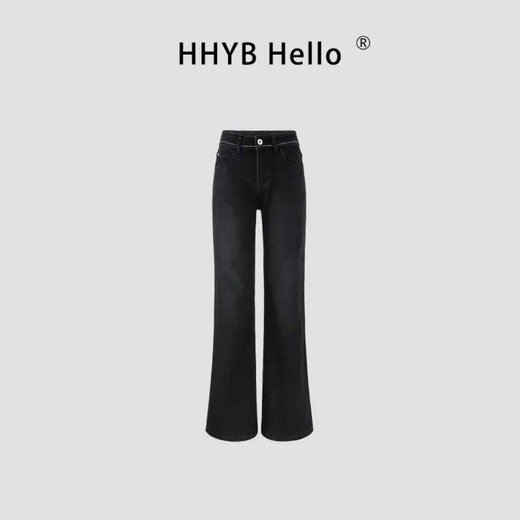 【小鱼专属】HHYB Hello中低腰百搭直筒小微喇裤白腰线设计牛仔长裤女Q254329