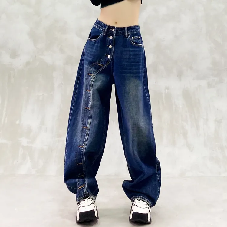 个性设计蓝色休闲牛仔弯刀裤女秋新款高腰宽松显瘦百搭直筒香蕉裤
