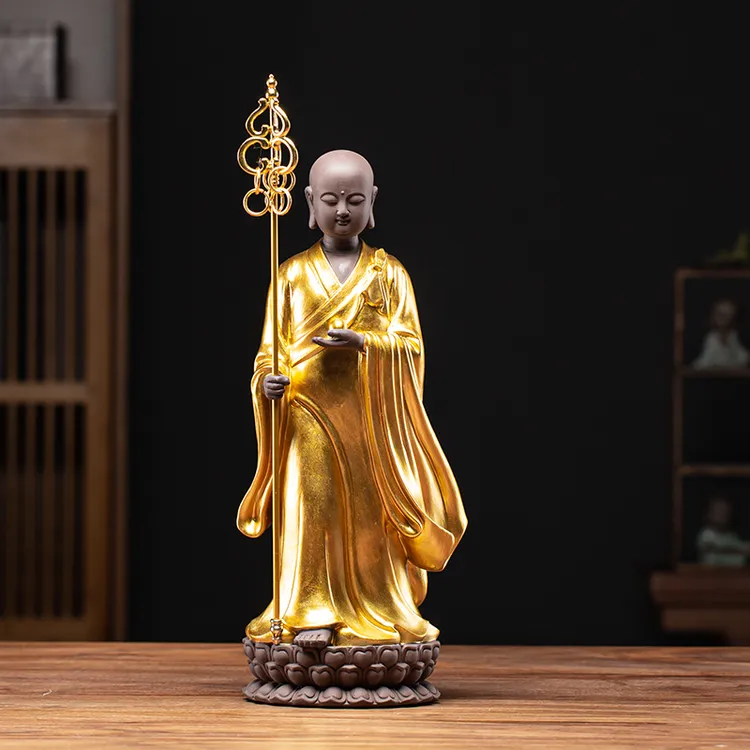地藏王菩萨金色摆件紫砂坐莲花地藏菩萨像家居玄关办公室佛堂用品