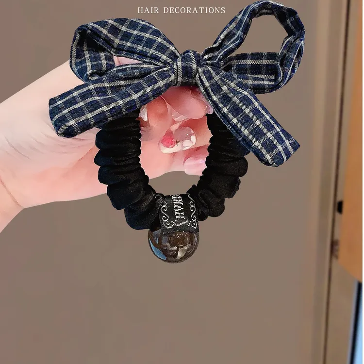 ins蓝色格纹蝴蝶结小众发圈温柔百搭复古发绳高弹力珍珠皮筋皮套