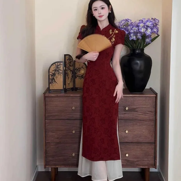 夏显瘦新中式旗袍连衣裙改良假两件2025年新款中国风古法刺绣收腰