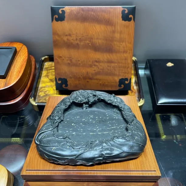 老坑金星歙砚荷叶砚台配高档红豆杉木盒适合送礼收藏的文房四宝
