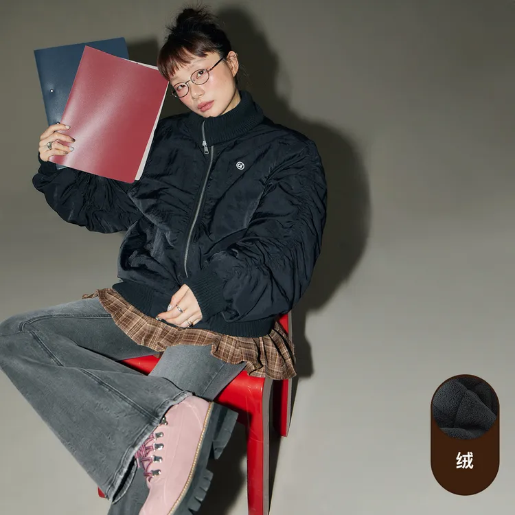 CHUU冬季女装工装风加厚外套拉绒保暖街头设计棒球服百搭棉服外套