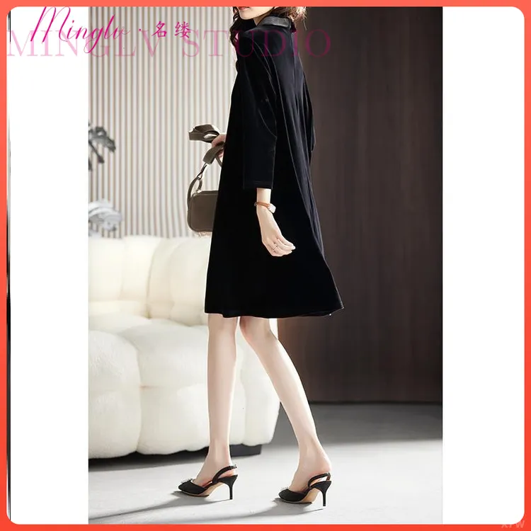 名缕时尚百搭洋装女2025年秋季新款A字裙黑色钉珠欧货气质女装