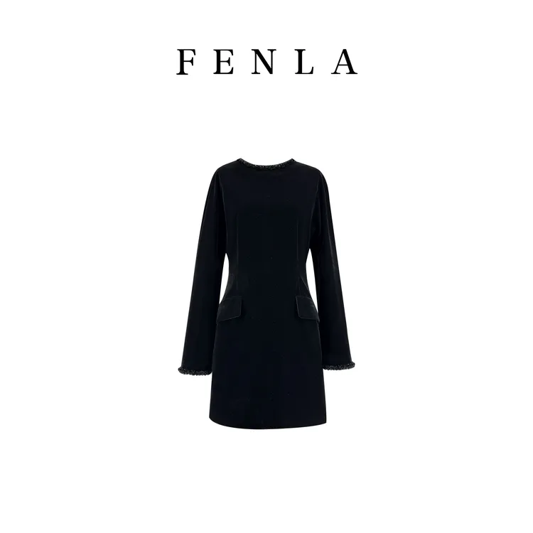 【惠姐私服】设计感重工圆领收腰丝绒设计时尚显瘦连衣裙 85179