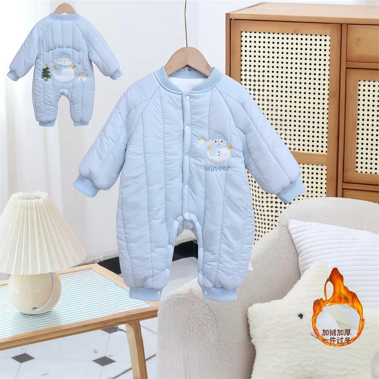 J新款加绒加厚男女宝重工刺绣小雪人满月百天周岁外出连体哈衣D62