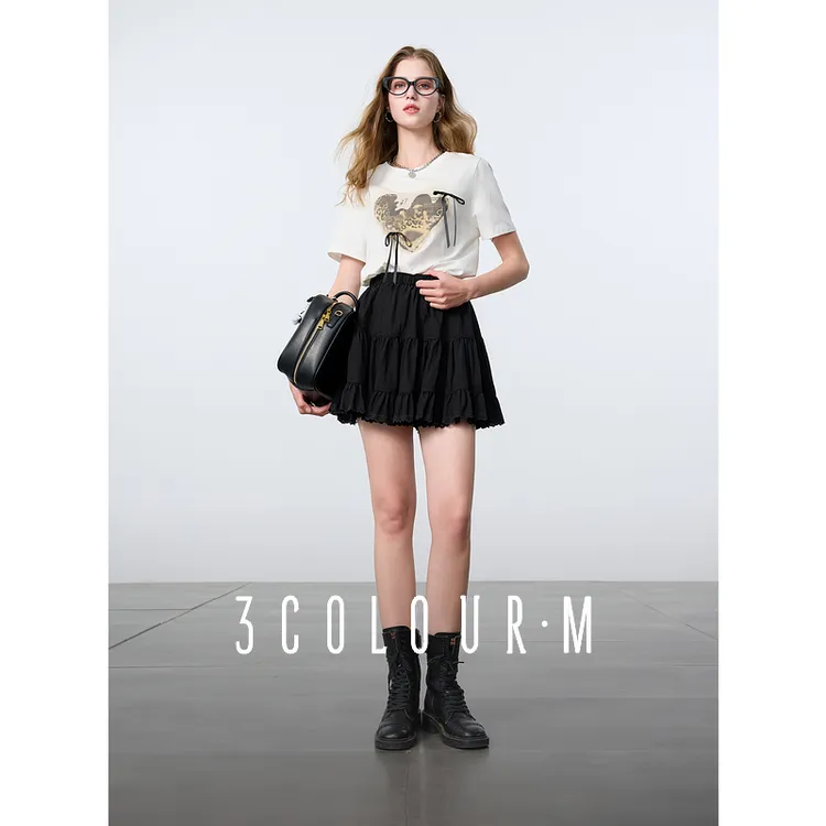 三彩2025春季新款芭蕾风半身裙花边A字裙松紧腰短裙甜美M
