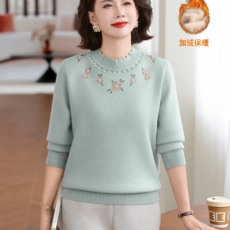 新款妈妈装洋气一体绒针织上衣中老年女秋冬加绒加厚毛衣打底衫