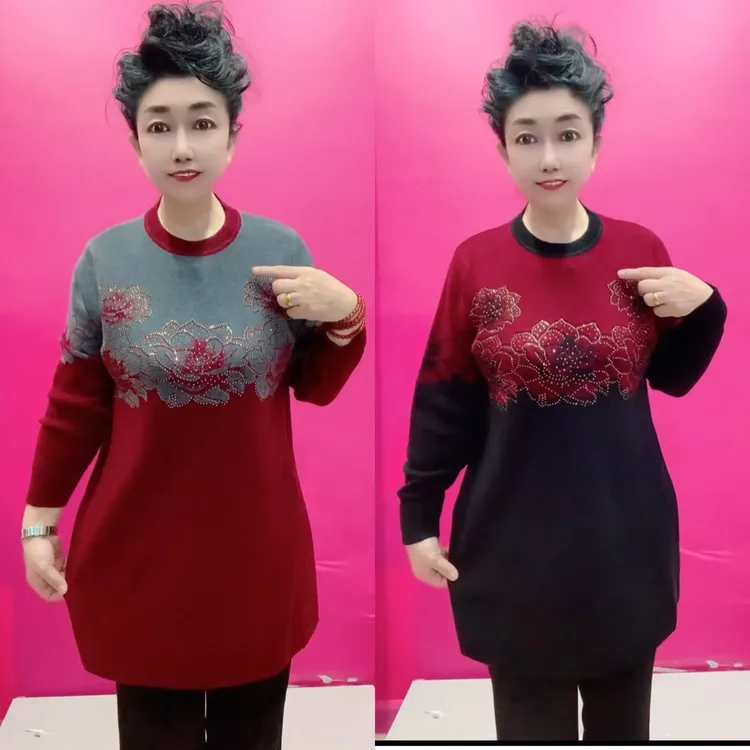 新款中长款圆领大码妈妈针织衫时尚百搭显瘦中老年女装