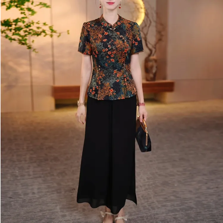 高级新中式时尚碎花国风俩件套2025年夏季新款上衣裤子修身套装女