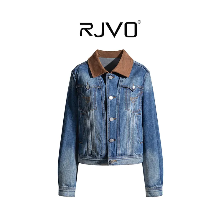 RJVO新款麂皮领落肩水洗蓝宽松牛仔夹克外套女