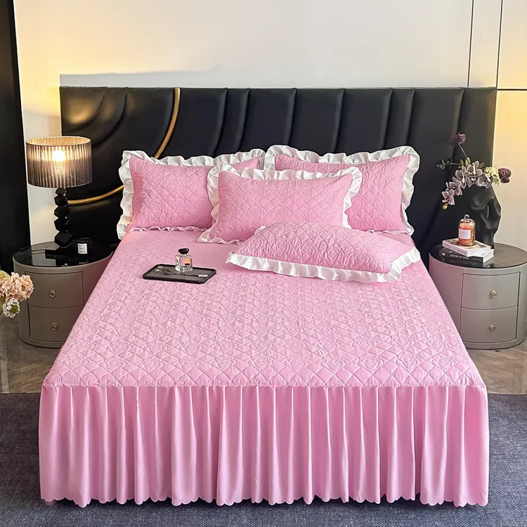 2025新款纯色夹棉加厚床裙床盖防滑床单罩床席梦思保护套公主风
