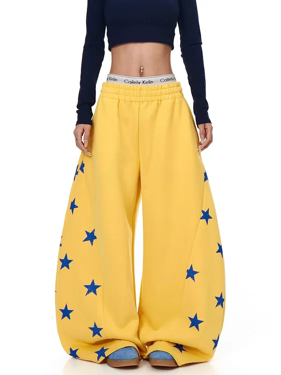 美式复古撞色星星印花弯刀卫裤男女爵士舞宽松阔腿裤潮