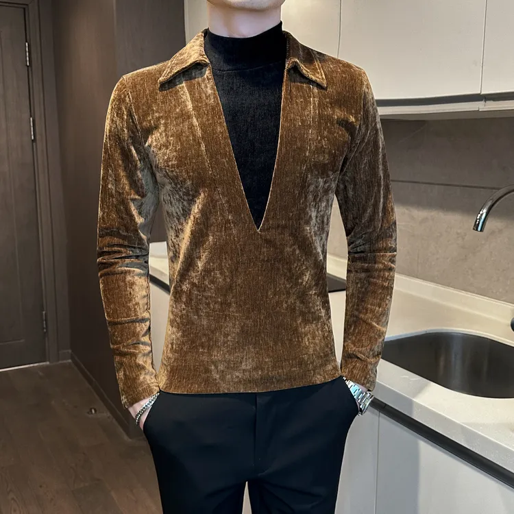 2025新款高级感男士假两件长袖t恤秋冬痞帅雪尼尔翻领内搭打底衫