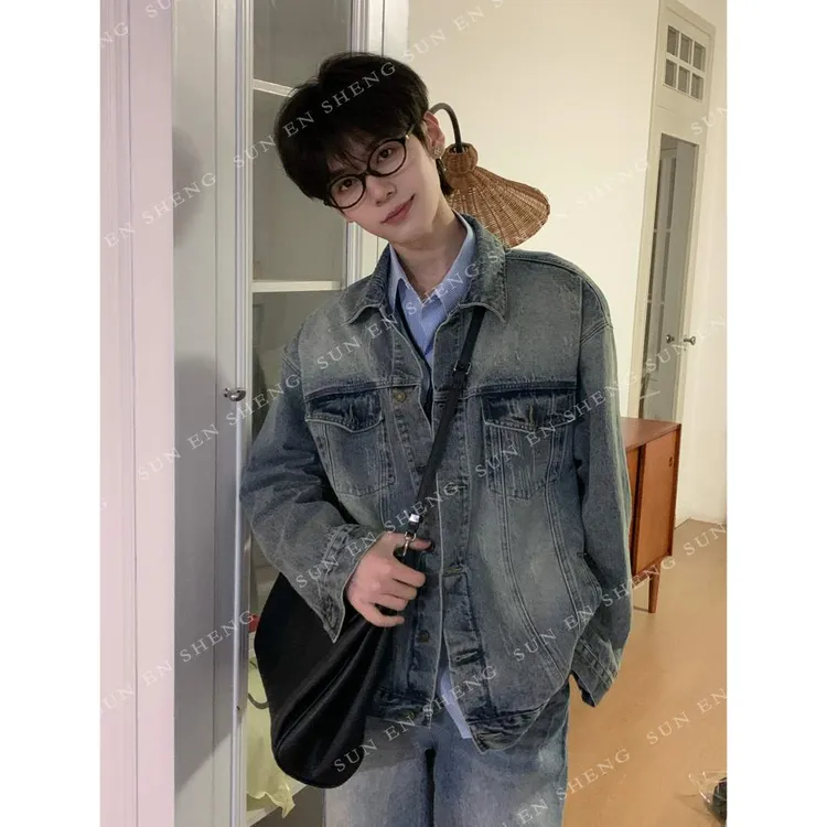 孙恩盛【复古牛仔】重工水洗做旧牛仔外套男女秋宽松廓形牛仔外衣