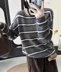 亮闪韩版宽松显瘦百搭条纹针织开衫女圆领长袖毛衣9668