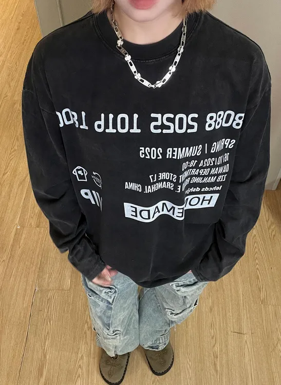 【日志日报】美式休闲设计感小领口宽松字母印花长袖T恤hiphop