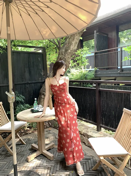 EIA一尧【西西里梦境】复古明媚气质碎花连衣裙显瘦交叉领姐系夏季