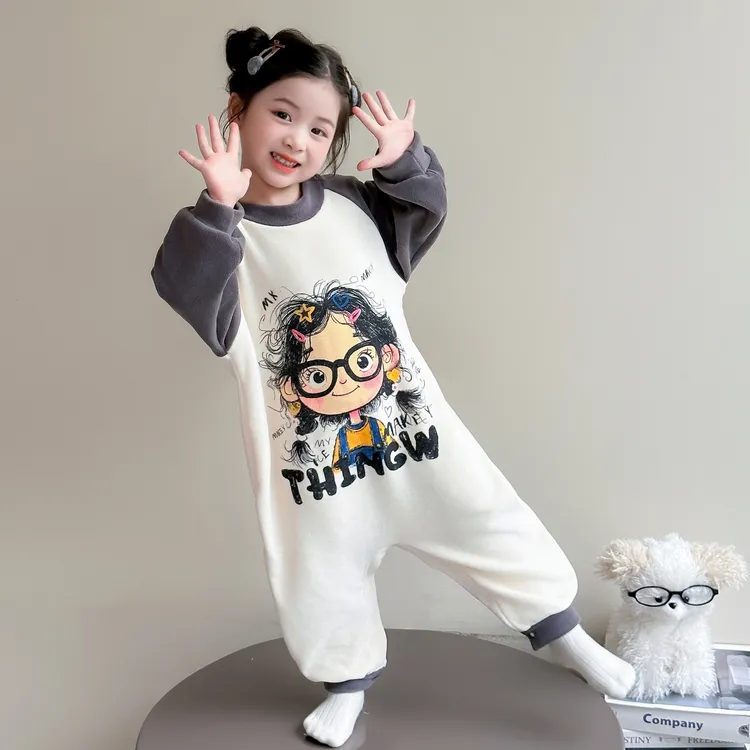 女童连体睡衣奥粒绒秋冬季睡袋女孩宝宝加绒法兰绒家居服护肚爬服