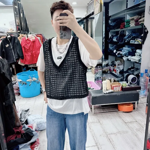 潮搭2件套丝光棉珠片马甲大版上衣2528欧