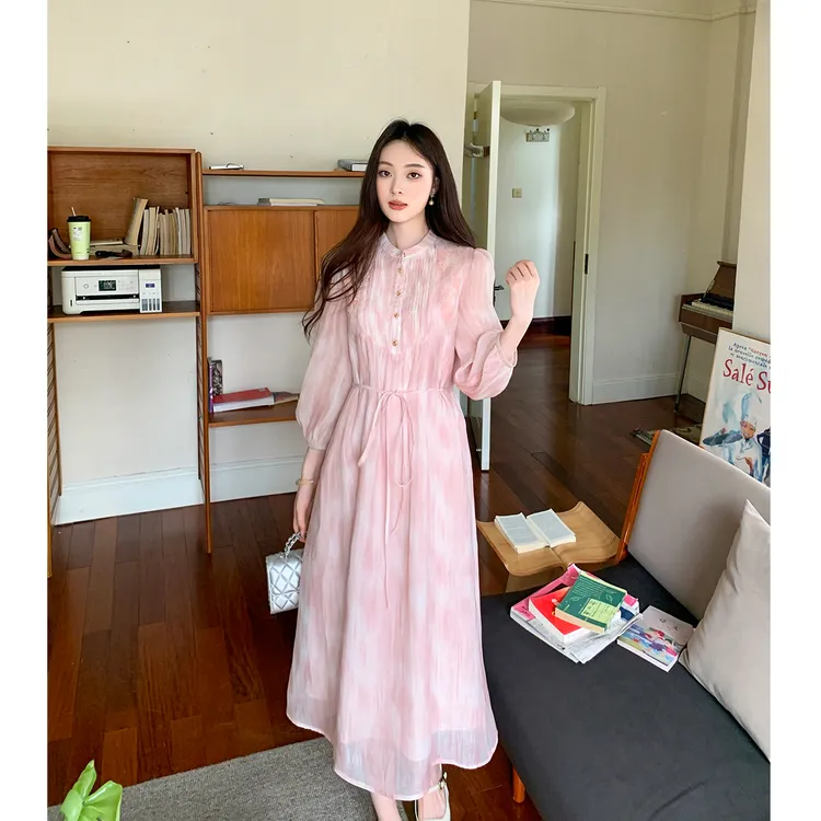 GERTCOREL2025新款秋季宽松显瘦重工亮片拼接粉色天丝连衣裙女