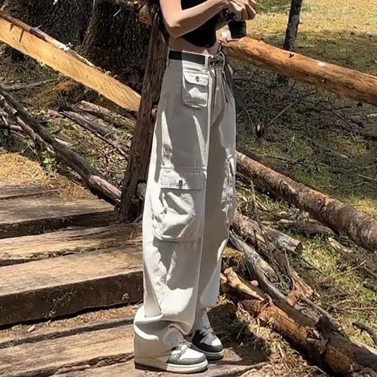 夏季新款网红休闲高腰直筒工装裤女美式复古宽松百搭阔腿牛仔长裤