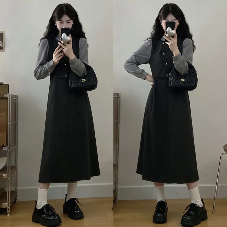 大码胖mm秋冬新款高级感假两件设计感气质显瘦长袖连衣裙女