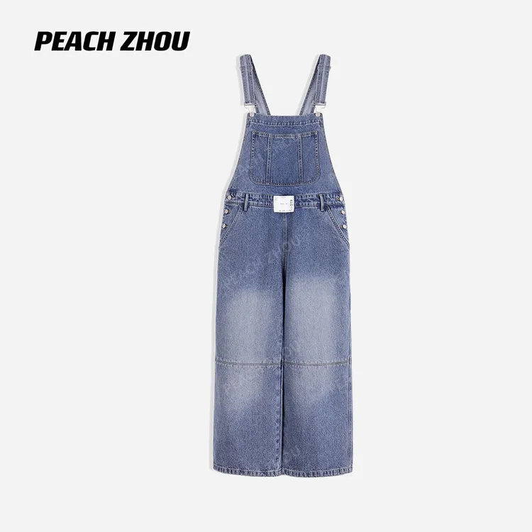 『PEACHZHOU』水洗标签后调节扣宽松牛仔背带裤美式休闲阔腿连体裤