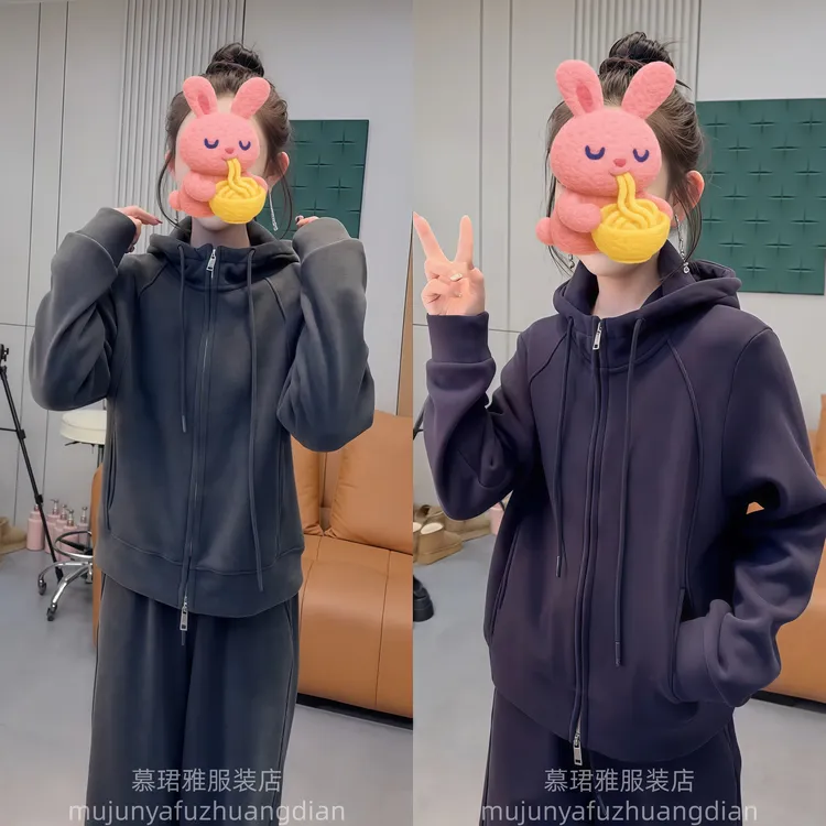 连帽加绒款修身型女老钱风短外套加绒韩版运动显瘦套装