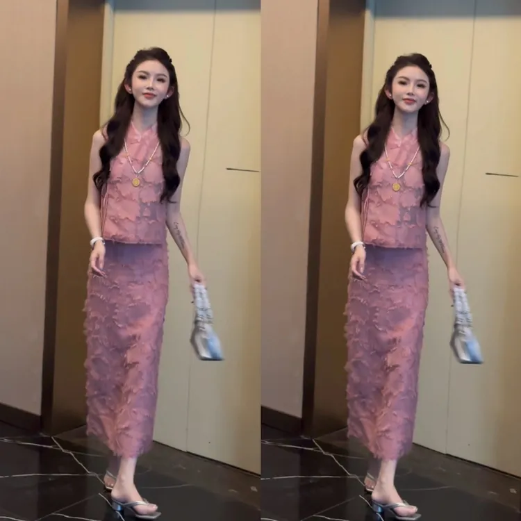 现货（花影流苏）法式名媛风时髦立体流苏上衣裙子两件套气质显瘦