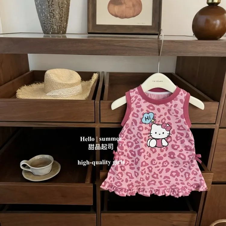 甜酷粉豹纹女童2025年新款夏季可爱kitty蝴蝶结洋气背心裙连衣裙