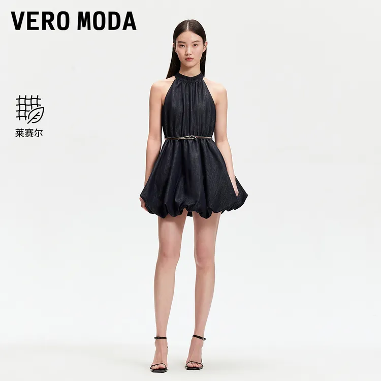 Vero Moda连衣裙2025夏季新款可拆卸腰带挂脖花苞裙千金氧气裙