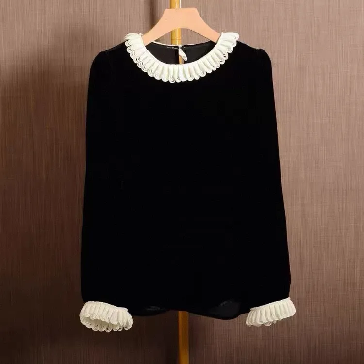 Nalian/拿恋豆子优选-法式复古蕾丝花边领长袖丝绒衬衫女 DZ99326