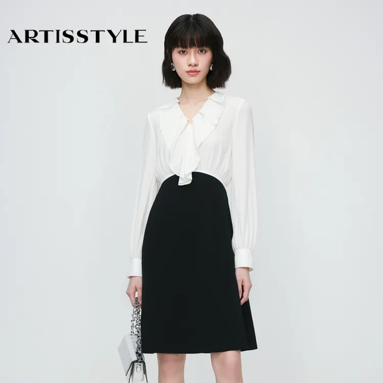 斯玳女装2025秋季新款 黑白撞色V领连衣裙AS2317005-009