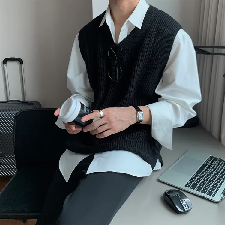 无袖背心毛衣男宽松韩版潮流港风百搭纯色V领针织衫坎肩马甲外穿