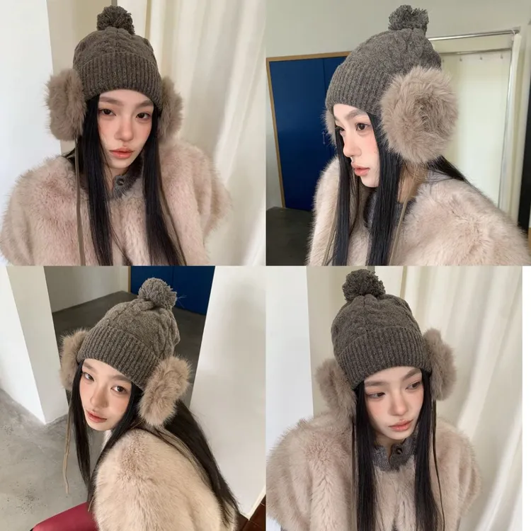 【韩版毛绒耳包针织帽】冬季护耳毛绒渔夫帽秋冬拍照雷锋帽保暖帽